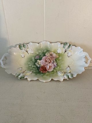 Antique Rs Prussia Two - Handled Floral Relish Tray 12”