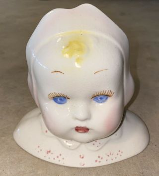 Vintage White Ceramic Baby Head Vase Planter Holder Hand Painted (6 " In Tall)