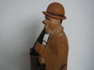 Folk Art Hand Carved Wood Figure Man Playing A Flute W/box On Back Side Wall
