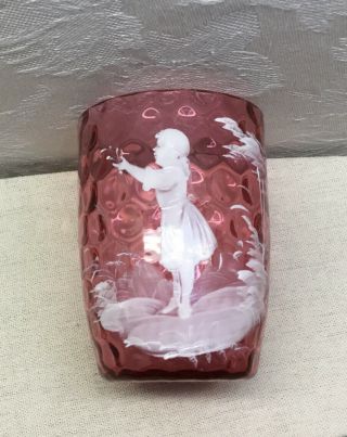 Antique Mary Gregory Cranberry Glass Tumbler - Inverted Thumbprint,  Girl Figure