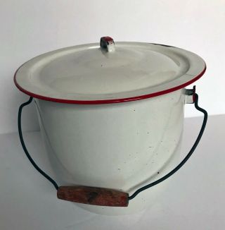 Vintage Antique White,  Red Trim Enamel Wear Chamber Pot,  Lid & Handle