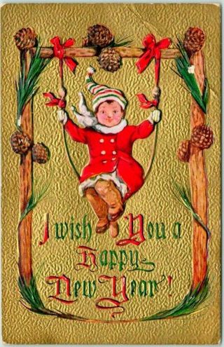 Vintage Happy Year Greetings Embossed Postcard Elf On Swing - C1910s