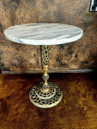 Vintage Brass Filigree & Marble Top Side / Accent Table Mid Century Stand