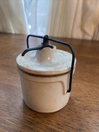 Small Antique Stoneware Canning Crock Jar With Lid & Wire Bail Cheese Butter