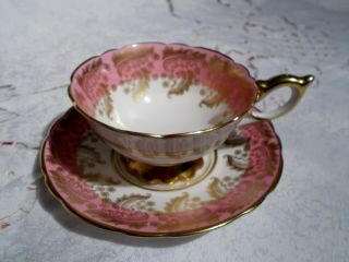 Royal Stafford England Fine Bone China Footed Tea Cup & Saucer Pink White Gold