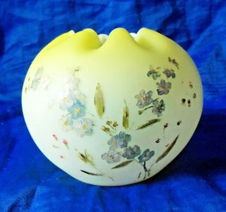 White To Yellow Satin Glass Rose Bowl With Painted Enamel Floral Decoration