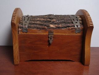 Vtg Wooden Pirate Chest Box W/ Real Bark Folk Art Handmade Primitive Rustic