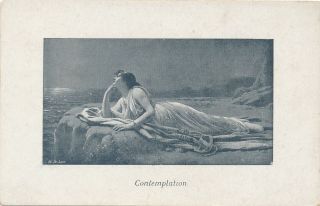 Vintage Postcard " Contemplation " Woman On Rock Looking At Sky B&w