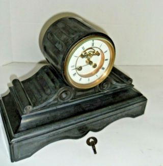 Vintage Antique French Mantle Clock Granite Slate With Key Heavy Vg,