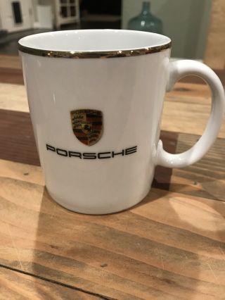 Porsche Mug White Background Crest & Gold Rim.  Made In Germany.  Looks