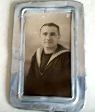 Antique Portrait Photograph Of A Young Sailor With Metal Frame
