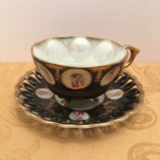 Vintage Rare Royal Sealy China Tea Cup & Saucer.  Black W/ Gold Gilt Trim.  Japan