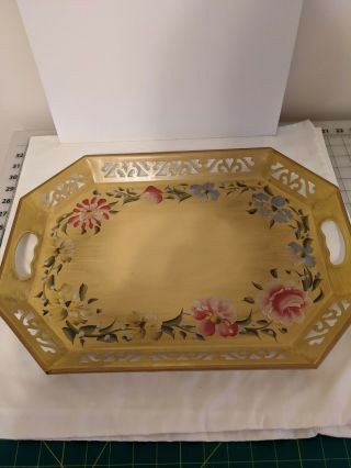 Vintage Yellow Gold Hand - Painted Floral Metal Tray.  18 1/2 " X 13 1/2 " Tole Ware