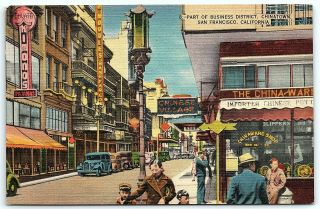 Vtg Postcard Ca California Linen Chinatown San Francisco Street View Cars B1