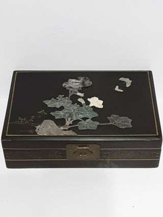 Vintage Antique Oriental Asian Black Lacquer Jewelry Box Wood & Mother Of Pearl