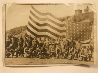Rare Antique American Flag With Military? Or Mechanics In Front Snapshot Photo