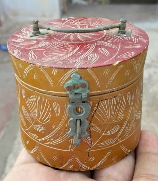 Vintage Wooden Hand Made & Painted Floral Design Kumkum / Powder Box