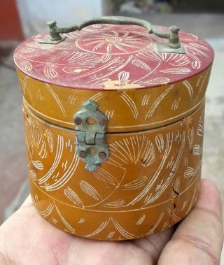 Vintage Wooden Hand Made & Painted Floral Design Kumkum / Powder Box 2