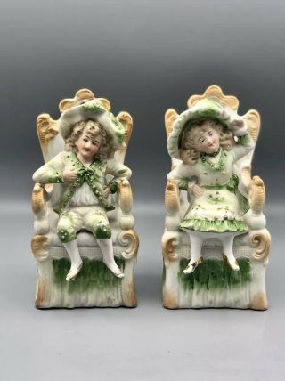 Set 2 Antique German Bisque Figurines Seated Victorian Girl And Boy