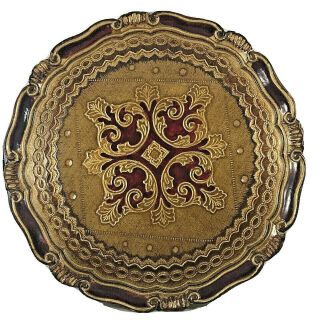 Vtg Italian Florentine Toleware Red & Gold Gilt Tray 13” Diameter Made In Italy