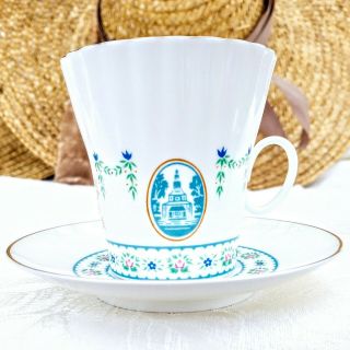 Vintage Lomonosov Russia Bone China Coffee Cup & Saucer Set Blue Green Gold