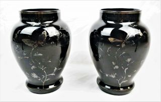 Vintage Reverse Painted Art Glass Vases Black With Butterflies Flowers