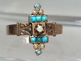 Antique Victorian 10k Rose Gold Seed Pearls & Turquoise Ring