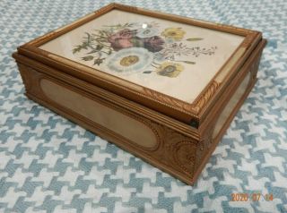 Antique Gilt Wooden Jewelry Box W/ Framed Lithograph Mirrored Lid