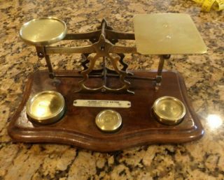Vintage Postal Nland Letter Rates Scale Brass Weights Wood Usa