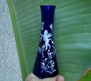 Antique Mary Gregory Mini Cobalt Blue Vase With Cherub Porcelain Pic.  Hand Blown