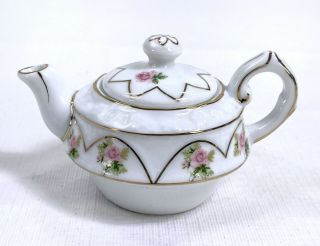 Mini Small Teapot White Ceramic Floral Gold Trim Vintage Embossed Summco 44t383
