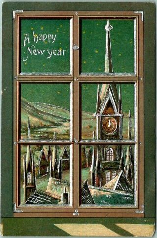 Vintage Happy Year Embossed Greetings Postcard Winter Church Scene 1908