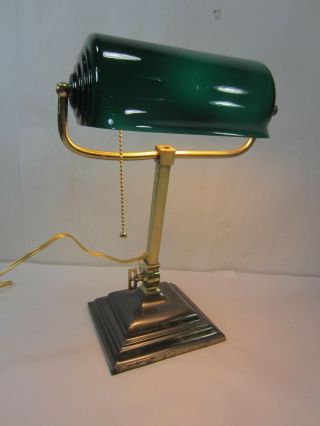 Vintage Heavy Brass Bankers Desk Lamp With Green Glass Shade