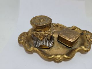 Antique Inkwell & Stamp Holder - Art Nouveau? Victorian? Cupids - Metal - Gold Wash - Nr