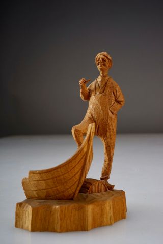Vintage Quebec Canada Hand Carved Wood 5 " Figure Fisherman Carving