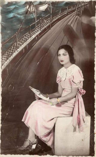 Egypt Vintage Photo.  Girl With Ship Background In Studio.  Hand Color 1938