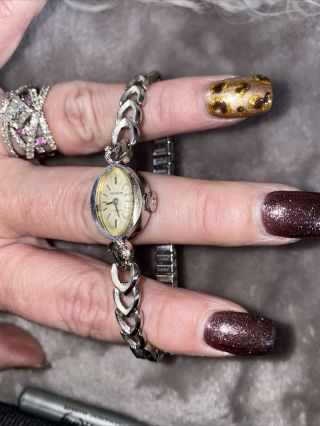 Vtg Solid 14k White Gold Benrus Ladies Diamond Wristwatch Bracelet Style,  Gold