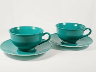 Vtg Anchor Hocking Tea Cups & Saucer Set Of 2 Colored Milk Glass Teal Turquoise