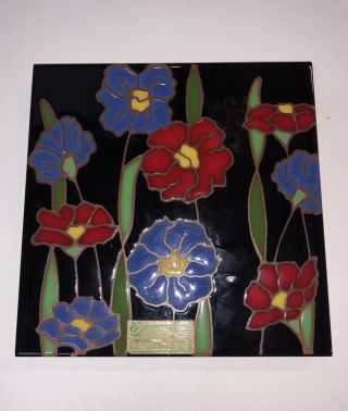 2 Vintage Besheer Art Tile Hudson,  Hampshire Flower Trivet Black/red/blue/green