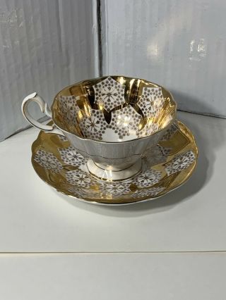Vintage Queen Anne Tea Cup & Saucer - Bone China England Gold Lace Winter Theme