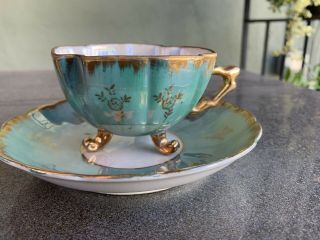Shafford Japan Footed Tea Cup And Saucer Teal & Gold Iridescent Hand Painted