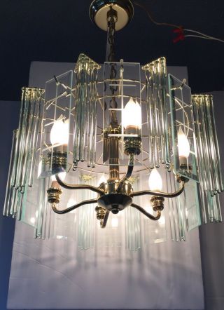 Vtg Mid Century Art Deco Glass Rod And Beveled Glass Panel Chandelier Light