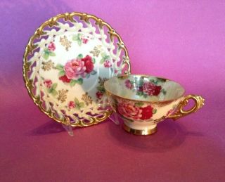 Pedestal Cup And Reticulated Saucer - White Luster - Pink And Red Roses - Japan