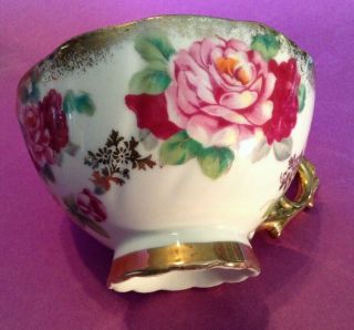 Pedestal Cup And Reticulated Saucer - White Luster - Pink And Red Roses - Japan 2