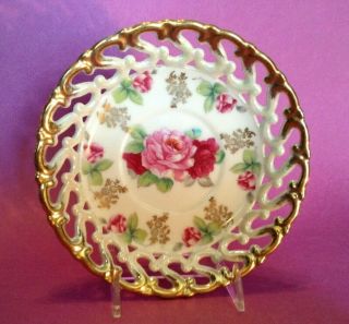 Pedestal Cup And Reticulated Saucer - White Luster - Pink And Red Roses - Japan 3