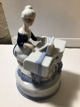Vintage Porcelain Figurine Lady Playing Piano White Blue Victorian Style 2