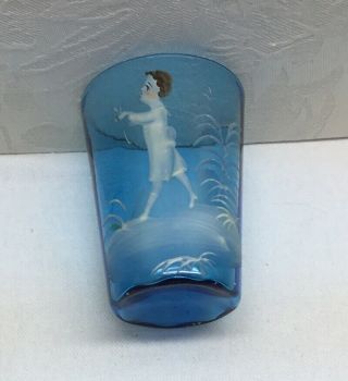 Antique Mary Gregory Turquoise Glass Tumbler - Victorian Boy With Flower - 4”