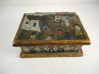 Vintage Mexican Trinket Box Hand Painted Folk Art W/hinged Lid - Signed