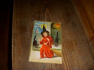 Vintage Halloween Post Card 2 Black Cats,  Witch/broom