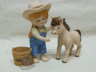 1984 Little Cowboy And His Pony Enesco Figurines (cowpoke & Horse) 2pc Ceramic